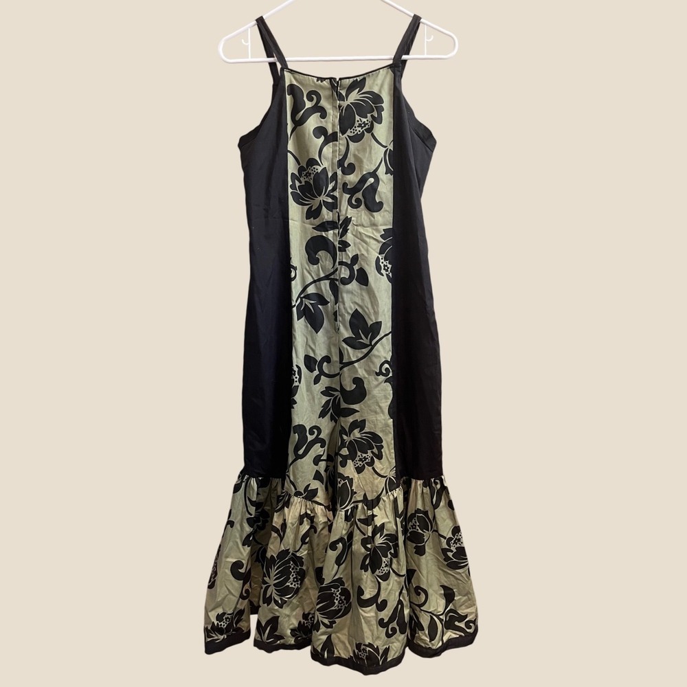 RJM Vintage Drop Waist Ruffled Dress Womens 6 Black Sage Green Floral Hawaii